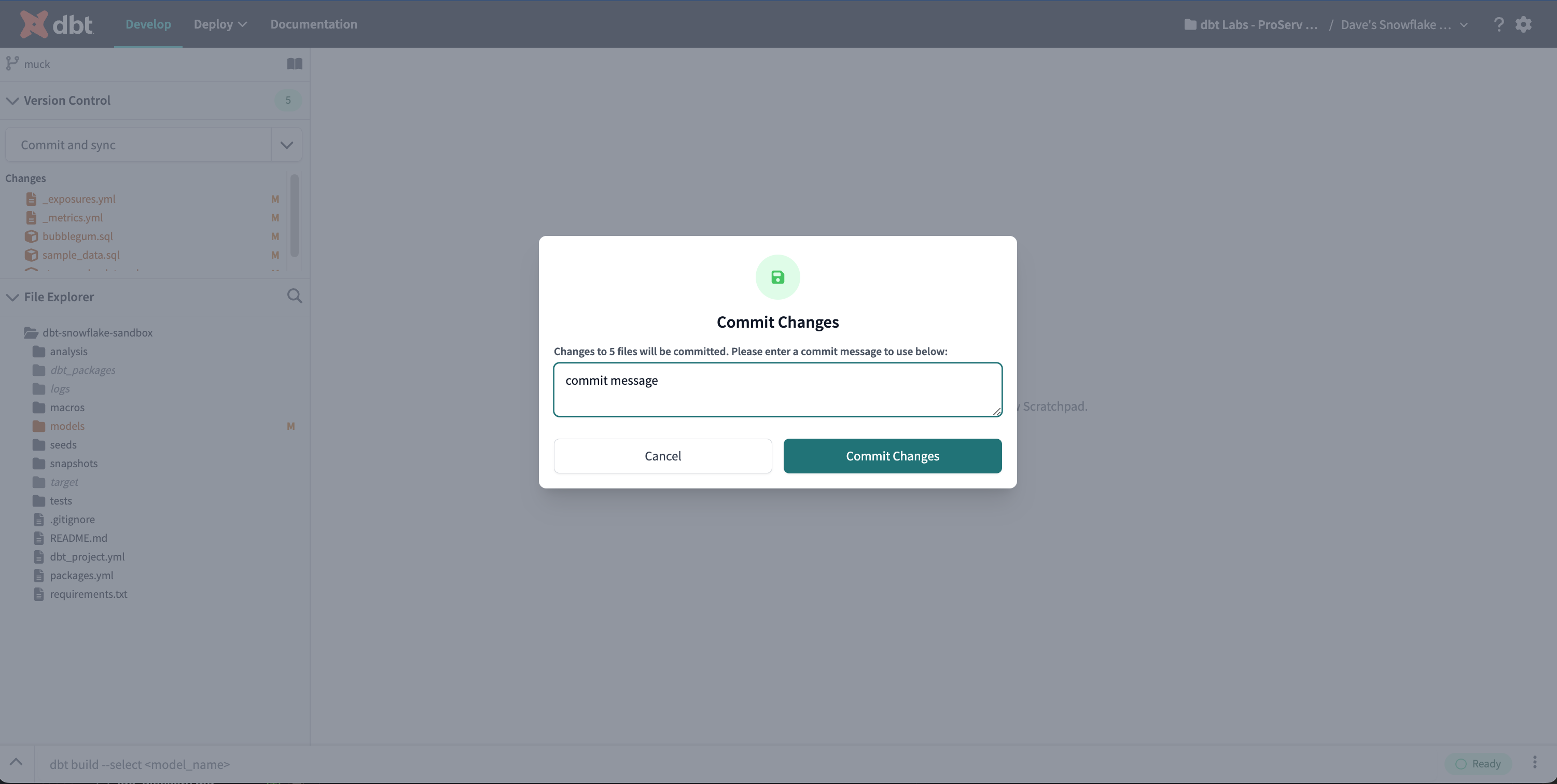 The Commit Changes modal is how users commit changes to their branch. The Commit Changes modal is how users commit changes to their branch.